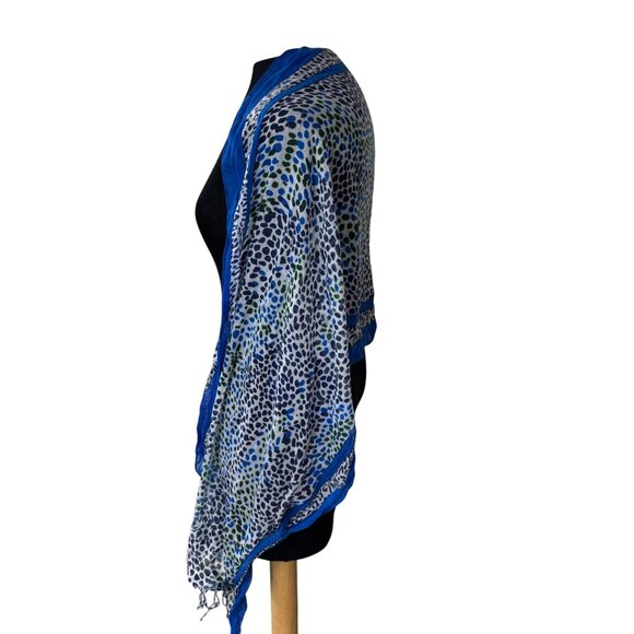 Lightweight Blue & Green Animal Print Sheer Scarf/Shawl With Fringe - Picture 2 of 8